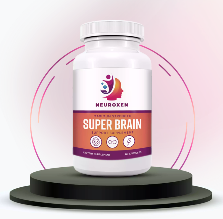 Neuroxen brain supplement bottle set inside a circular design highlighting key nootropic benefits for long-term brain health